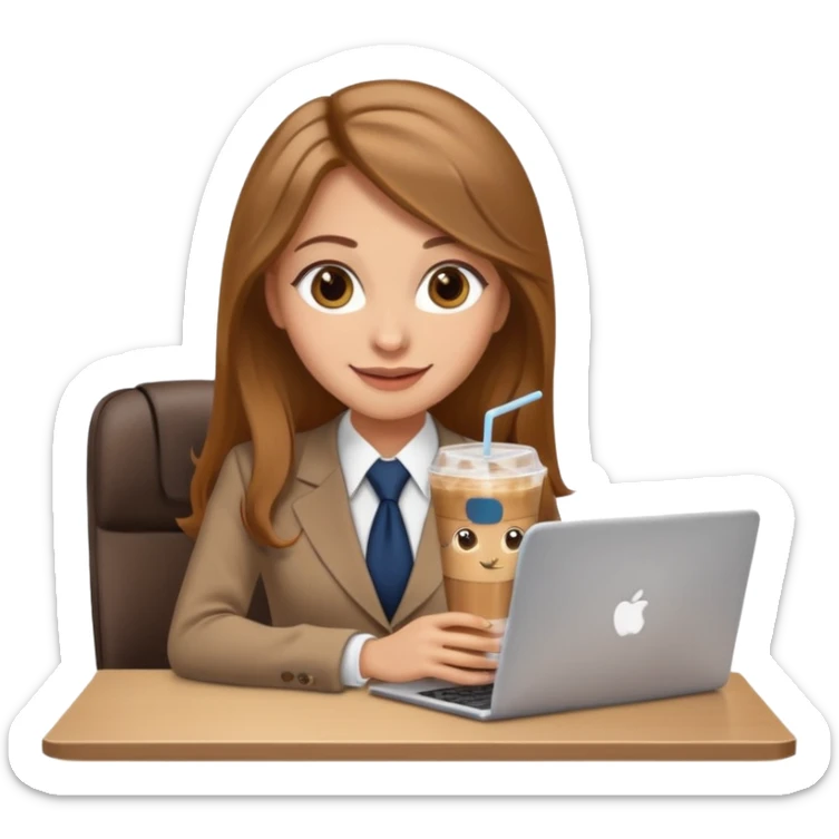 Women in front of laptop with a happy face, long light brown hair, light brown big eyes, light skin with a iced coffee on the side, business attire sticker