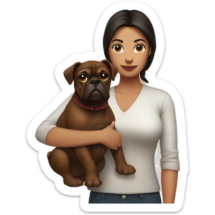 Woman with dark hair holding a brown bulldog with dark brown face sticker