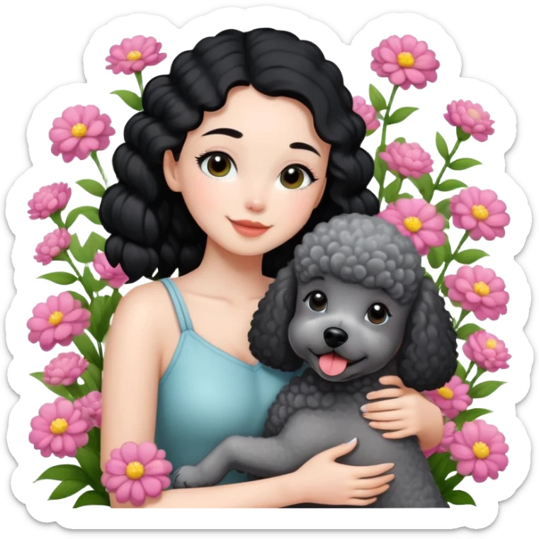 A beautiful girl with black ponytail happily hugs a gray poodle in the flowers sticker