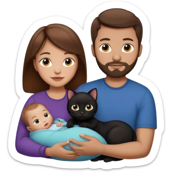 1 mom brown hair, 1 dad no beard, 1 baby and 1 black cat sticker