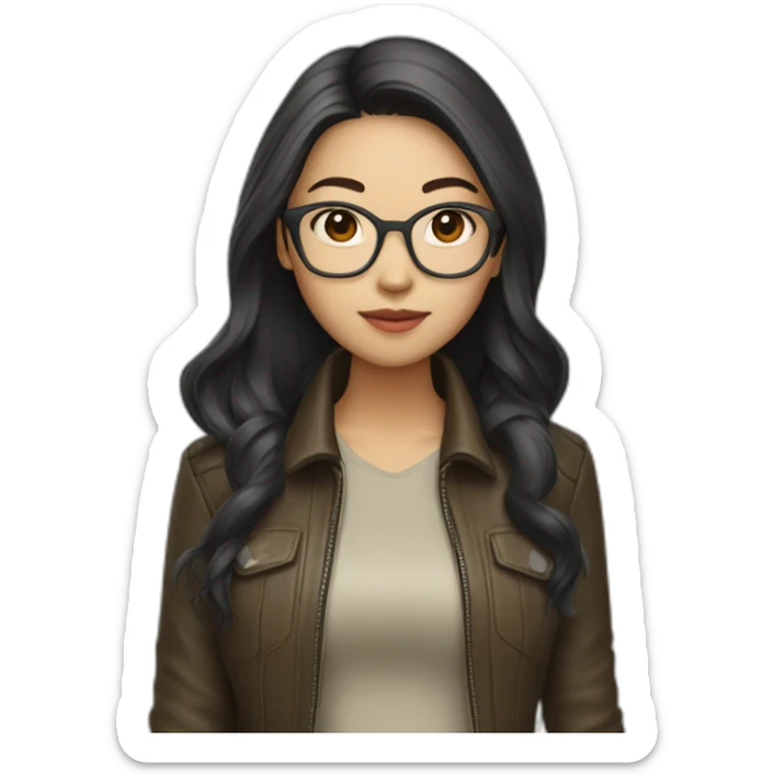 asian girl with glasses and a leather jacket with a  khaki shirt and long dark hair sticker