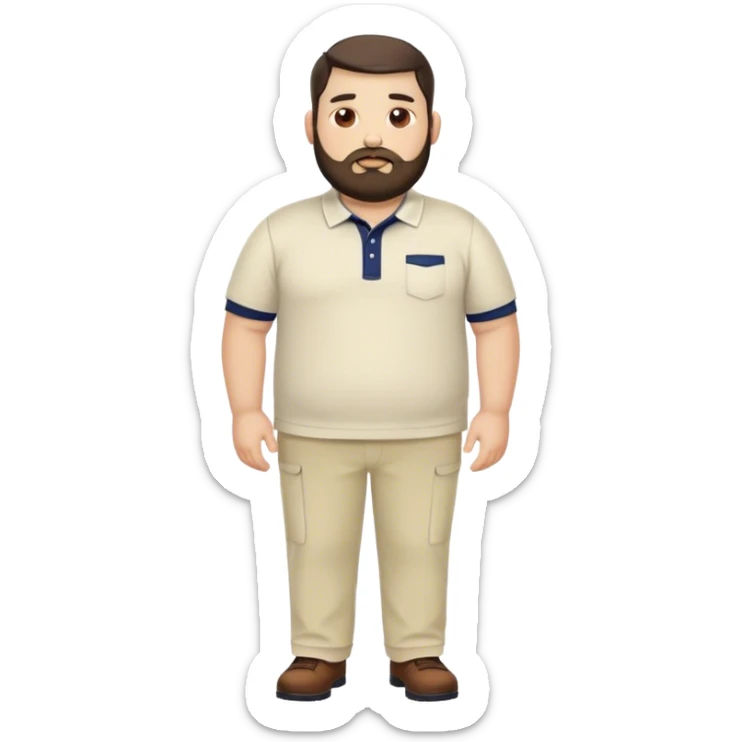 big man with medium size body a short full beard and short hair, dark hair light skin and chubby face with shaped beard. i like to wear polo shirt with creme pants, no chans no, ring no accesories sticker