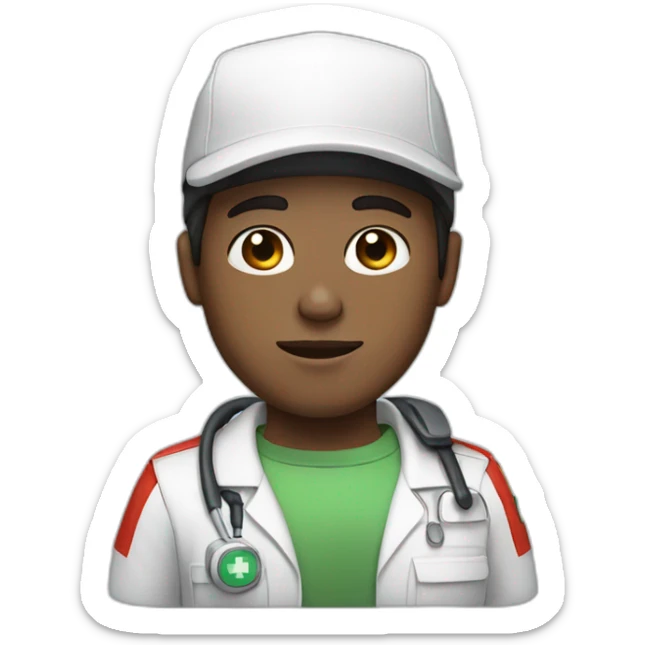 Ambulance yung man with white skin and brown hair and a cap sticker