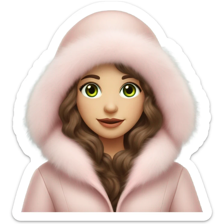 Beautiful Slavic green eyes girl with brown wavy long hair in a big light pink fur hat and matching Mink fur coat sticker