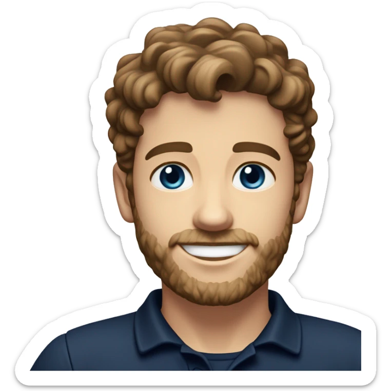 young man with short, curly brown hair and a trimmed beard. He has blue eyes and a fair complexion. He is smiling softly and is wearing a dark navy blue polo shirt with white buttons. sticker