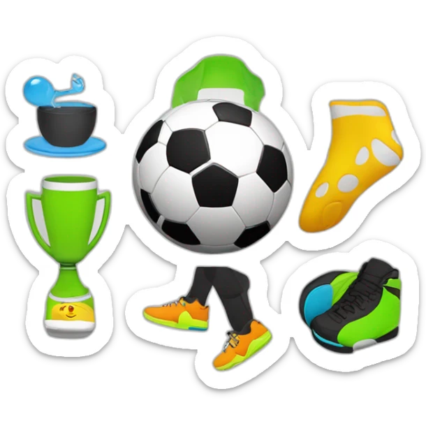 make a circle logo with all shapes of a Soccer ball, person running, wakeboard, Weird emoji, and swig cup sticker