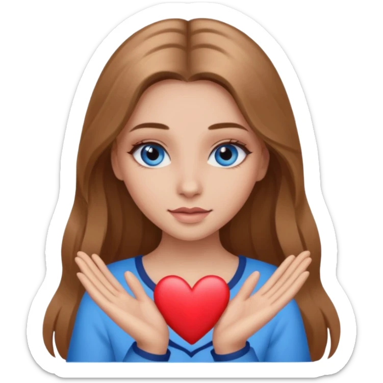 A girl with makeup, long light brown hair, blue eyes with a heart and her hands  sticker