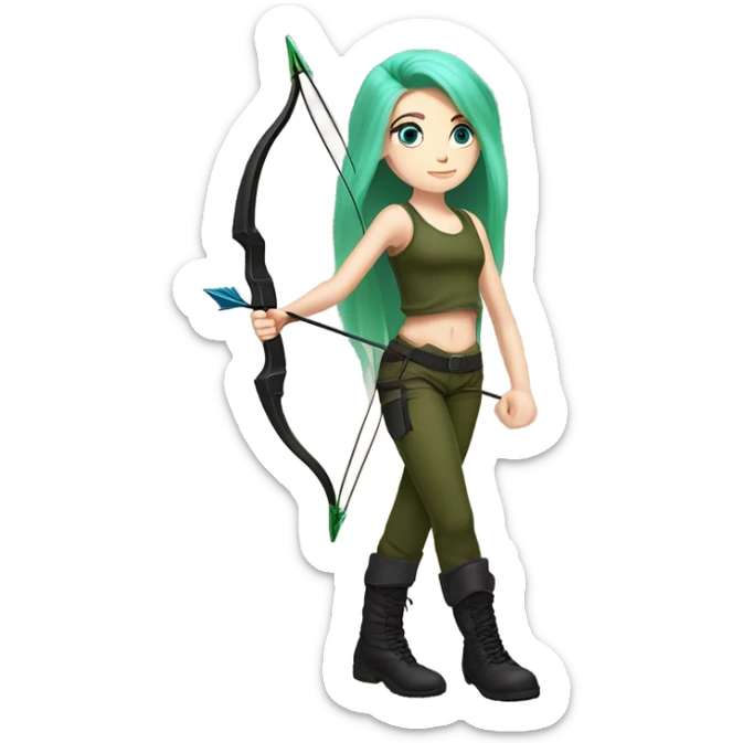 girl armed with bow and arrow, long pink hair, blue eyes, white skin, army green cargo pants, black tank top, black combat boots, elf ears sticker