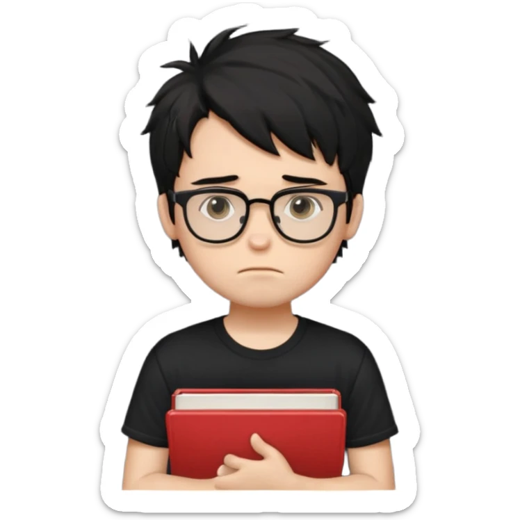 generate a pretty bratz fair skinned boy with black messy hair wearing a black tshirt looking bored n tired. Glasses on. holding books sticker