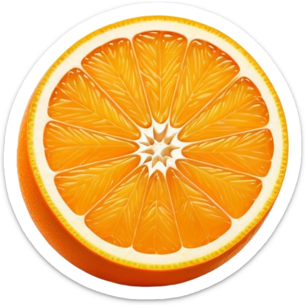 Cinematic juicy orange, sliced open to reveal glistening, bright citrus flesh, soft golden highlights, fresh and refreshing, natural and vibrant. sticker