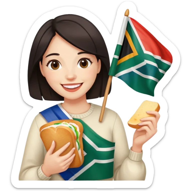 Lady with son (white dark hair) eating white bread and holding South African flag  sticker