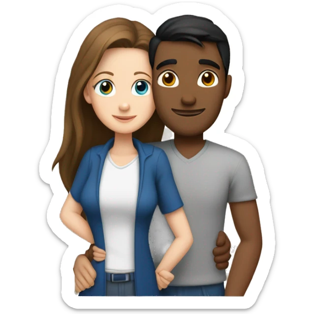 Couple embracing with arms around each other; white woman with blue eyes and brown hair, Indian man with black hair  sticker