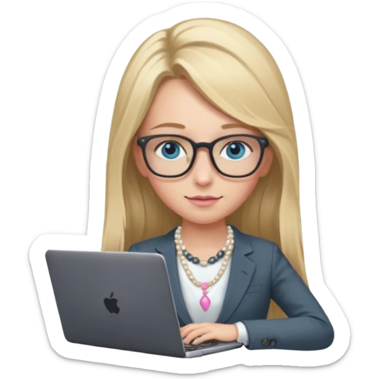 Please take the girl with laptop emoji and make her glassess light brown, her eyes ocean blue and her nose a bit smaller and pointier and she has blonde very long hair and a dark grey suit and pearls necklace, and has a laptop in fron of her and a tiny pink bow on the left side of her head sticker