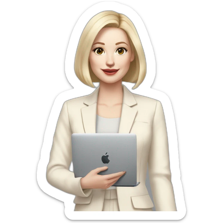 pale skin woman with ash blonde Straightened bob Hair, White Spacious classical jacket, beige palazzo Arrow pants and gray blouse holding a MacBook in the hands sticker