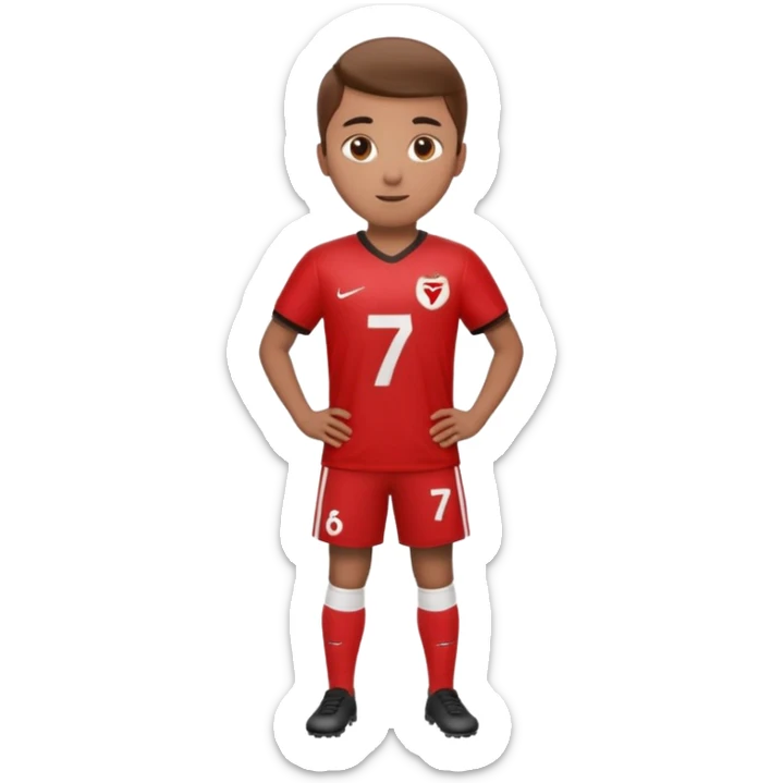 Apple iOS emoji style 20-23 year old soccer player standing hands on waist, red jersey #7, glossy 3D, clean background sticker