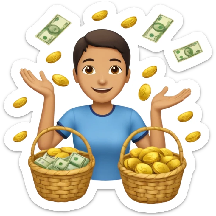 baskets, some overflowing with money, others with colombian arepas in the background a very happy person ridiculously throwing money around sticker