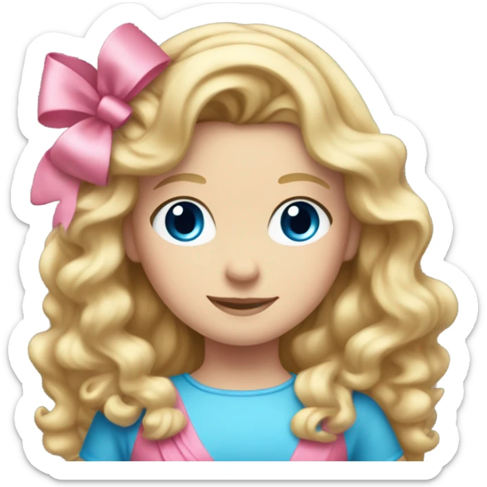 A 11 year old white girl with long wavy blonde hair and blue eyes with a pink bow in her hair wearing a pink dress  sticker