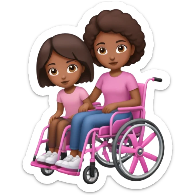 One dark brown sister pushing her brown sister in a pink wheelchair sticker