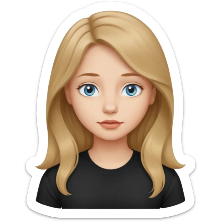 a girl with dark blonde hair, light blue small eyes, a slightly wide nose and medium lips, slightly wavy and long hair, wearing a black T-shirt sticker