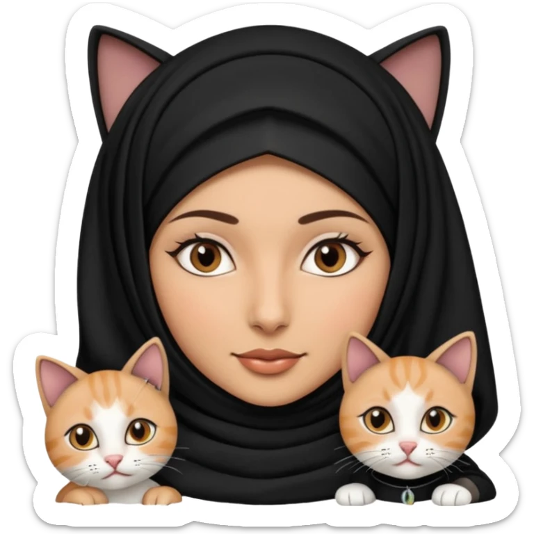 A Arabic woman human with brown eyes and black hijab. , the human is a human, two cats, the both cats is blackwhite,,  NO CAT EARS ON THE HUMAN ,  sticker