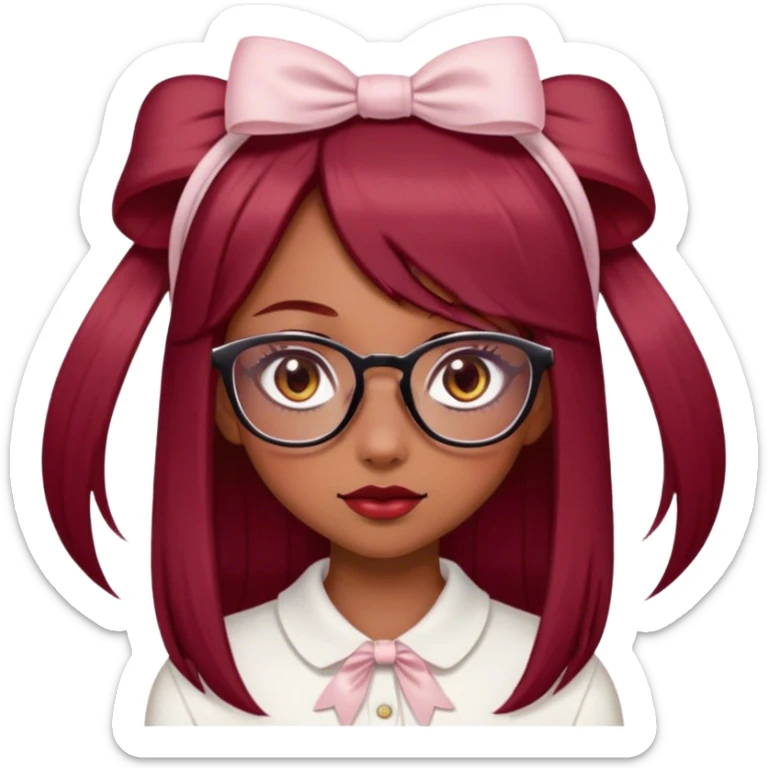Beautiful girl with light brown skin, almond-shaped eyes, long straight hair, "dark cherry red" hair color, delicate and pretty glasses, small bow on her head and clean girl aesthetics  sticker