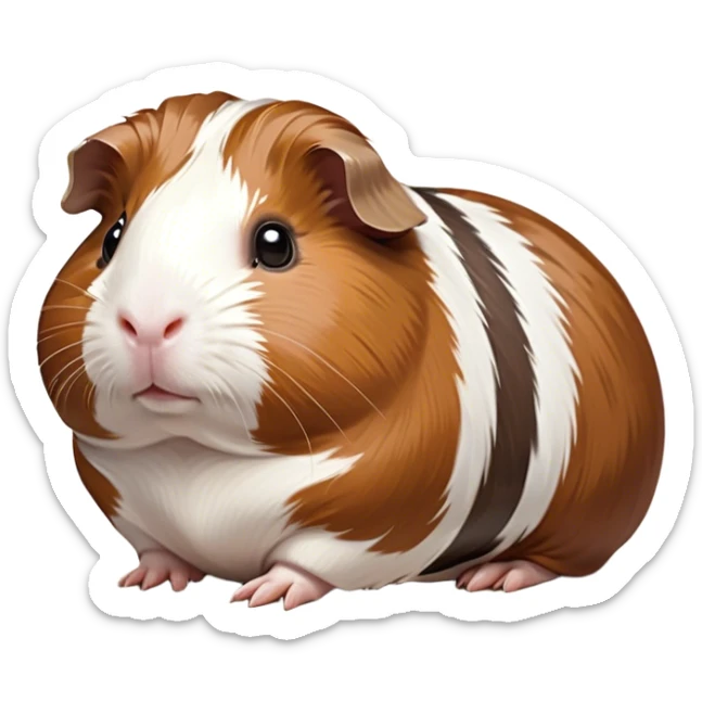 Cinematic Noble Brown and White Banded Guinea Pig Portrait Emoji, Poised and regal, with a compact, chubby build and a uniquely patterned coat of warm brown and crisp white banding, deep-set soulful dark eyes, Simplified yet sharp and sophisticated features, highly detailed, glowing with a soft, dignified glow, high shine, intelligent and charming, stylized with an air of distinctive elegance, focused and attentive, soft glowing outline, capturing the essence of a watchful and confident companion, so majestic it feels as though it could scurry out of the screen with effortless authority! sticker