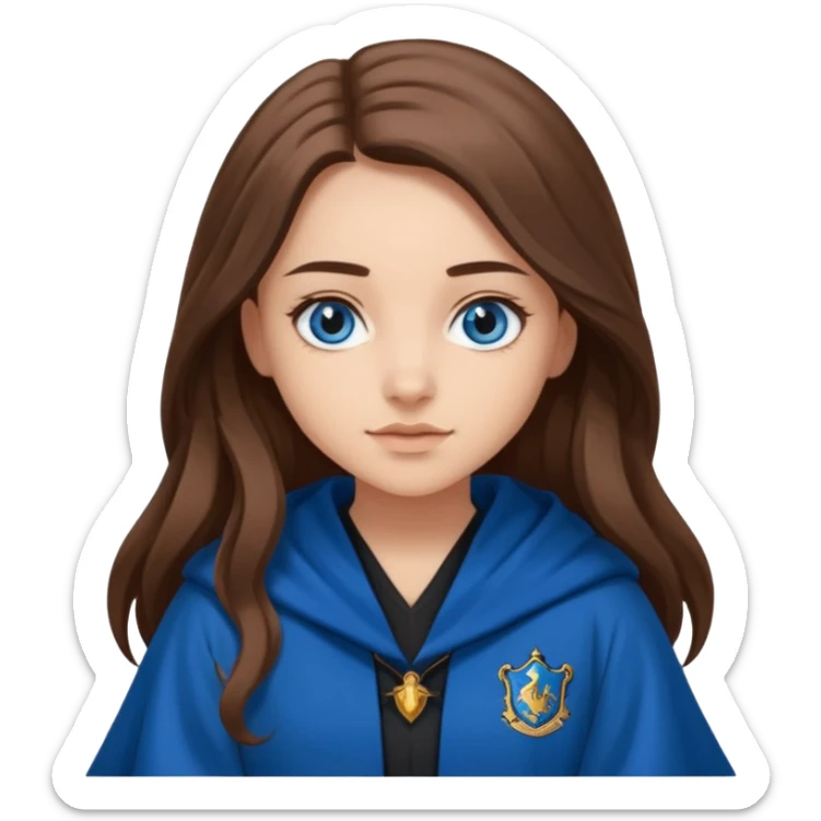 gorgeous Girl with light skin, blue eyes, long brown hair, wears ravenclaw black and blue robes  sticker