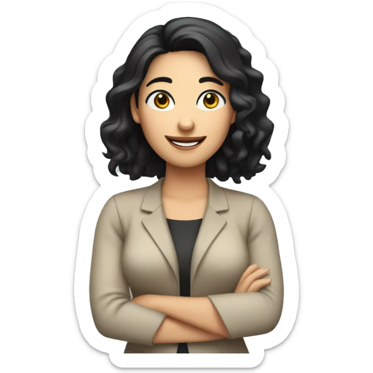 woman editor with smile, white skin, black hair, right hand up sticker