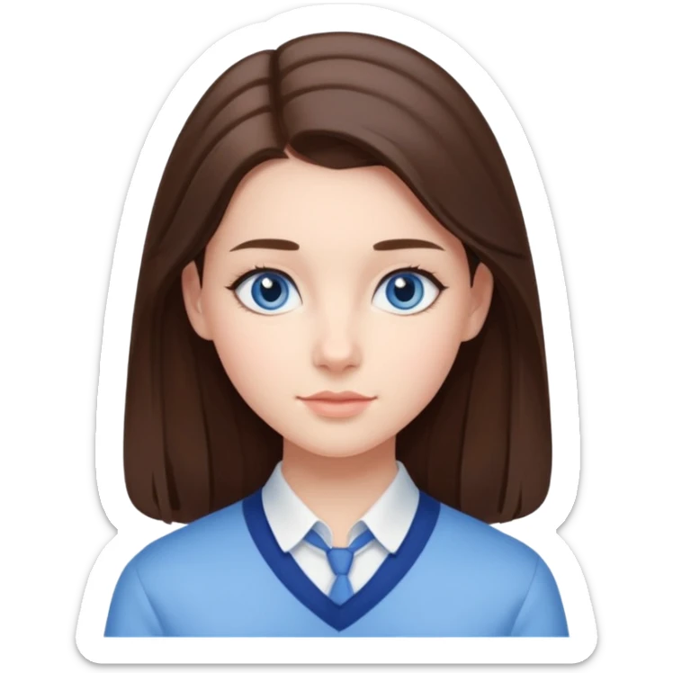 Realistic Student Portrait, with porcelain-like skin featuring a natural rosy flush, iHer Brunette Half-Up Style for Straight  hair flows in soft, Her deep blue eyes radiate warmth and innocence,  wear light blue preppy style. sticker