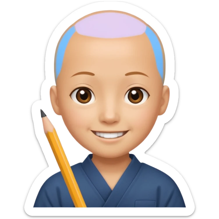 quero um personagem de descendencia japonesa, um pouco calvo e sorrindo com um lapis na mao sticker