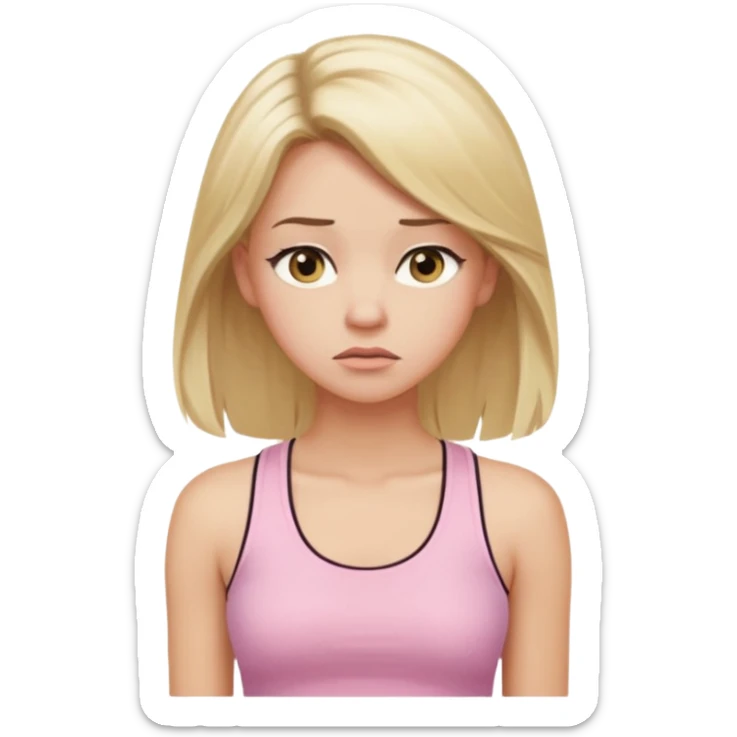 Create a young woman with long blonde hair, golden eyes, and medium-light skin tone, wearing a light pink tank top and leggings. She should be in portrait mode, but with a subtle doubting facial expression—slightly raised eyebrow, small frown, .  and her hand next to her chin likethinking face emoji sticker