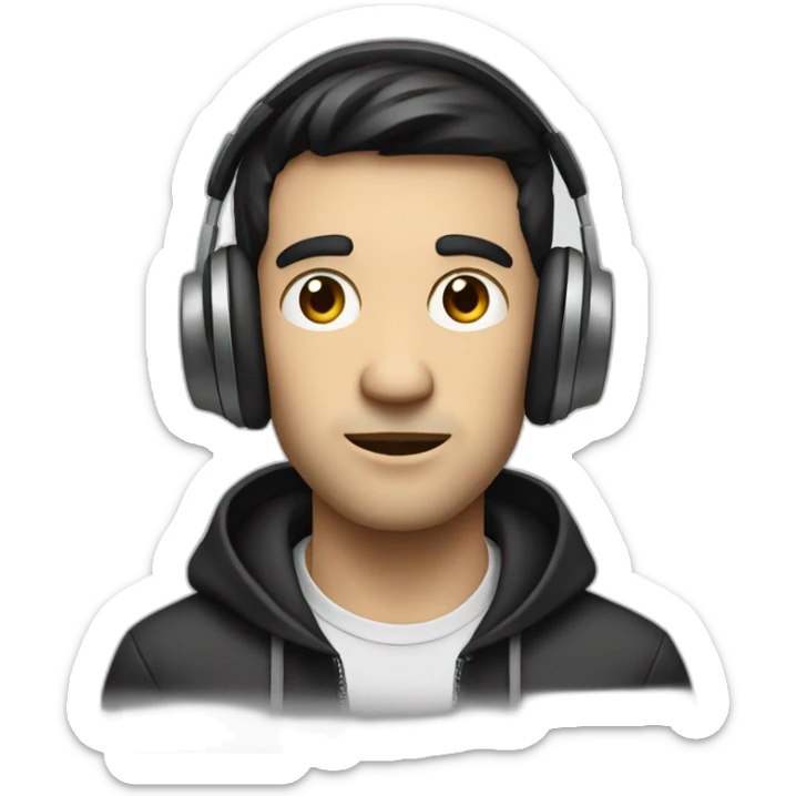 White music producer with dark hair and a 5 o’clock shadow, wearing headphones sticker