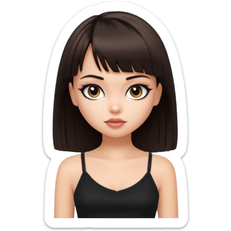 generate a pretty bratz girl in black cami top, dark brown straight bob hair with bangs, eyeliner on, sticker