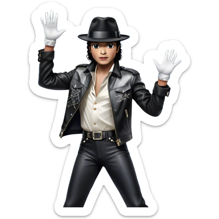 Icon of Michael Jackson as R&B legend: wearing a black fedora, sparkling glove, and leather jacket, striking a moonwalk pose. Background with musical notes and abstract patterns, capturing the energy and soul of R&B. Transparent background. sticker