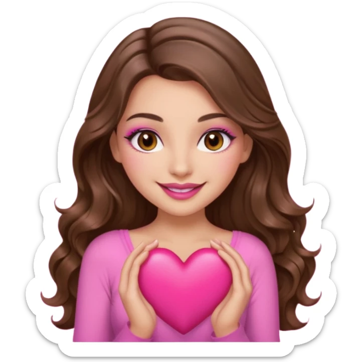 girl with long wavy brown hair, brown eyes, long lashes makeup, sexy pink lips, light to medium complexion, wearing a pink sexy top, smiling, holding a big heart sticker