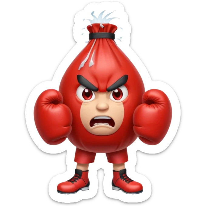 Gota de agua de color rojo con cara de enfado y unos guantes de boxeo, que tenga brazos y piernas musculados sticker