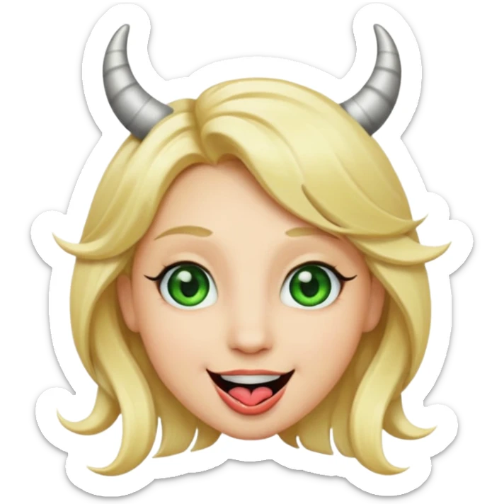Emoji femme blonde cheveux blond, yeux vert avec de long cils noir qui a des cornes et tire la langue   sticker