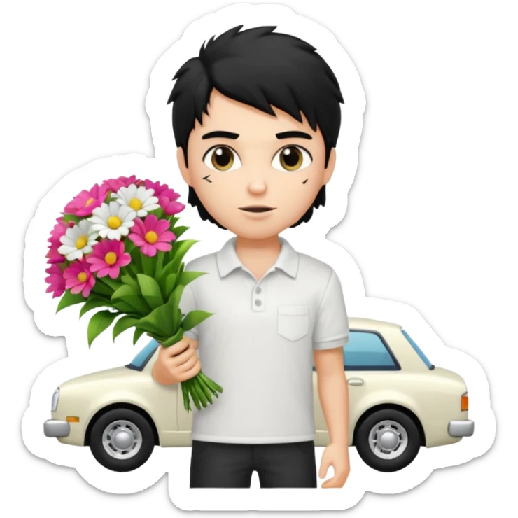 generate a pretty fair bratz boy with a messy mullet (black hair), wearing a white polo.  carrying a bouquet made of money. expensive car behind him sticker