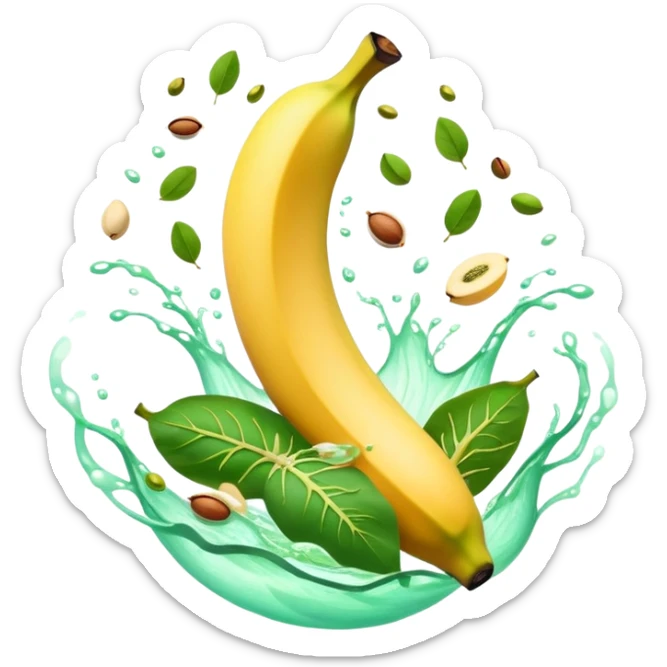 Golden banana, bright green spinach, salmon, kiwi, pistachios, and orange juice floating around a glowing nervous system and heart. Electrical waves connect these potassium-rich foods to nerves, heart and muscles, showing how they support electrical stability in the body. sticker