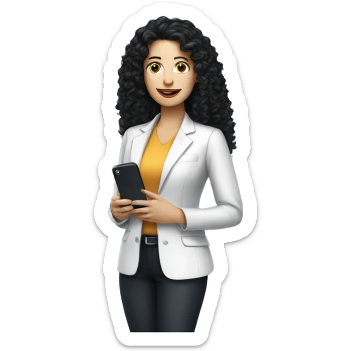 corporate white woman, long black curly hair, with a phone sticker