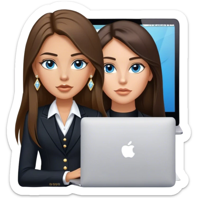 Model sexy tanned beautiful girl with pump nude lips and brunette straight long hair, straight hair parting, blue eyes with MacBook and black, black suit vest, V-neck, and white gold stud earrings with small diamond sticker