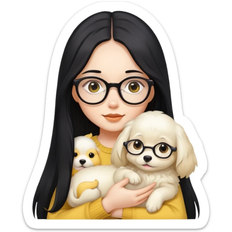 A beautiful girl with long black hair and glasses is holding a long-haired white and yellow puppy sticker
