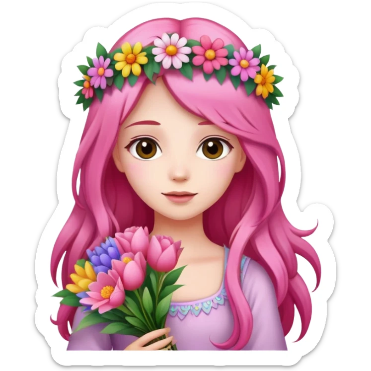 Beautiful girl with pink long hair and a wreath holding a bouquet of flowers sticker