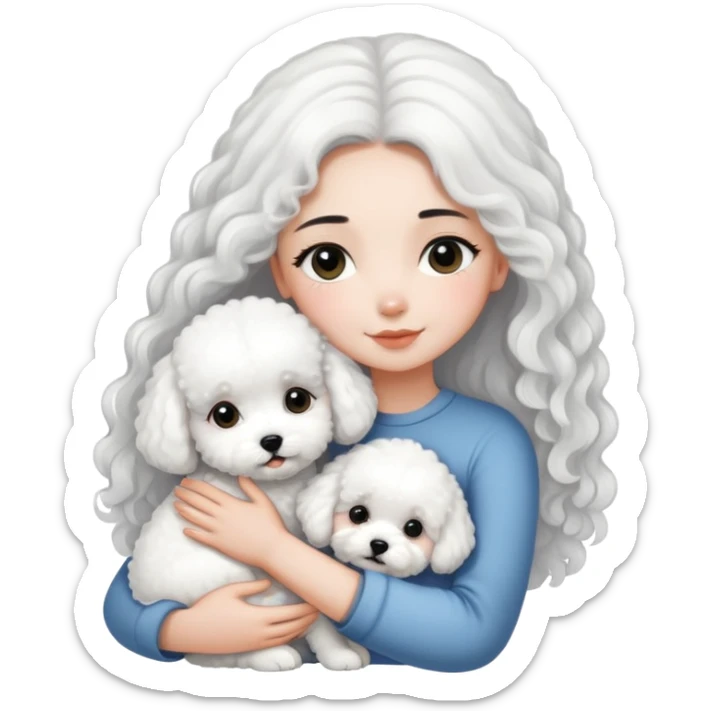 A girl with long straight black hair hugs a white curly-haired Bichon Frise puppy sticker