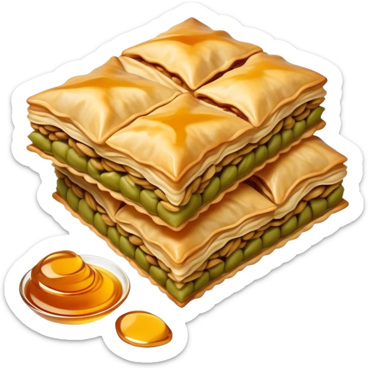 Cinematic Realistic Baklava Dessert Emoji, depicted as layers of flaky pastry with honey and nuts rendered with rich textures and warm, inviting lighting. sticker