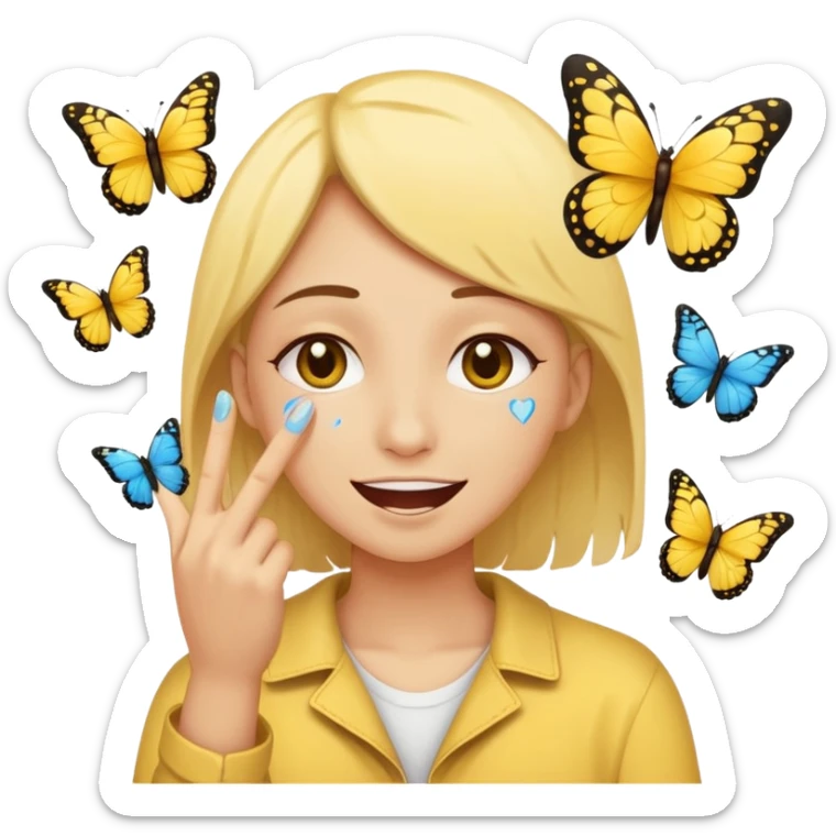 yellow circle face holding back tears of joy and a peace sign and butterflies  sticker