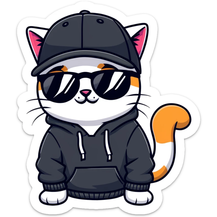 cat wearing a black snapback cap and black hoodie, with black sunglasses positioned low on his nose, winking one eye while looking directly at the viewer over the top of his sunglasses with a mischievous expression, doing graffiti with spray paint sticker