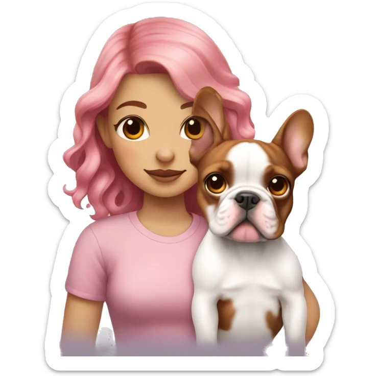  girl with medium pink wavy hair holding a brown and white french bulldog puppy  sticker