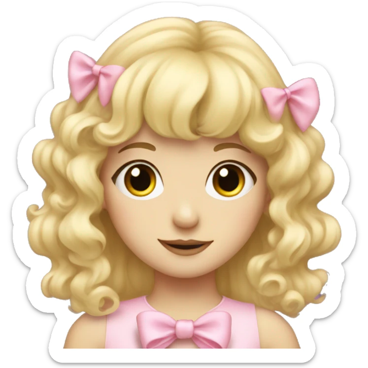Blonde pale girl with bangs and pink bows in her curly, long hair  sticker