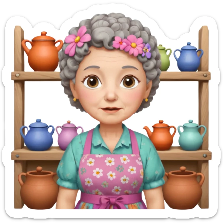 cartoon Apple iOS emoji style rural elderly woman, chubby face, short gray curly hair, flowery blouse, colorful apron, big expressive eyes, pastel colors, Chilean wooden kitchen background, clay pots, warm light, detailed and clean vector art sticker